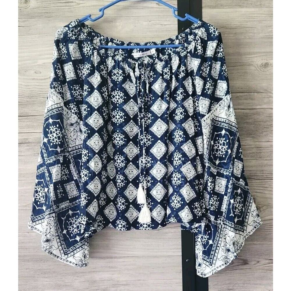 Faithfull The Brand peasant Top Blue white wide sleeves tassels Small